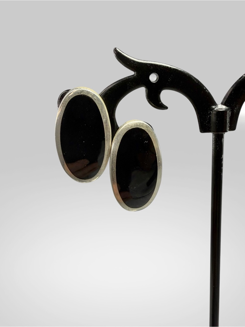 Vintage Sterling Silver 925 Black Onyx Clip On Earrings Oval Inlay Thailand